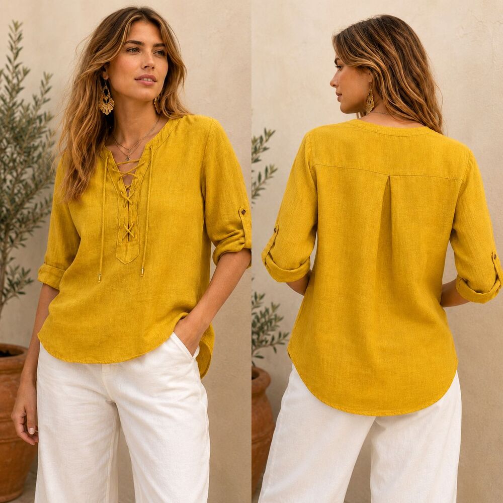 Maeve Linen Lace Up Blouse 10 Yellow 3/4 Roll Tab Boho Top Anthro Resort Woven